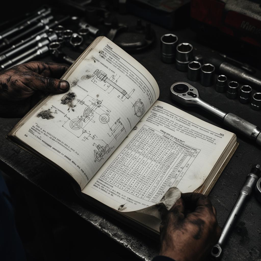 Open manual with mechanical references beside workshop tools